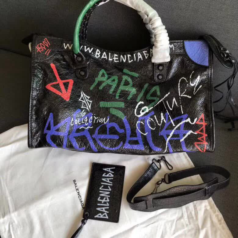 BALENCIAG巴黎世家 Graffiti Classic City30cm機車包 手繪彩色塗鴉  爆裂紋羊皮 手提肩背斜挎包  BL1805
